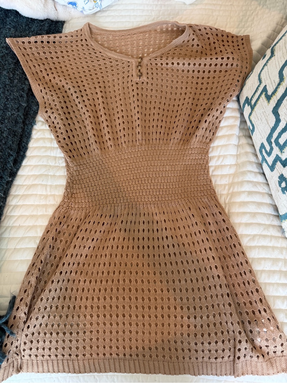 Amazon Women's Taupe Open-Knit Swim Coverup with Smocked Waist